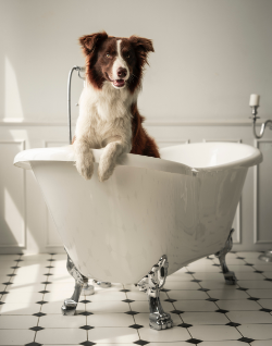 Geruchsneutralisierer und Hundeurin Geruch entfernen Hund in der Badewanne